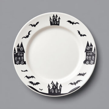 Halloween haunted house and bat design on white ceramic plate with gray background