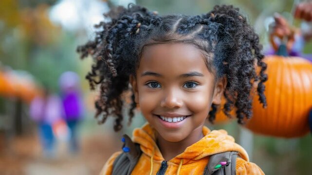 Adorable child with curly hair smiling at pumpkin patch. Happy girl enjoys fall activities, picking pumpkins at farm. Perfect image for autumn celebrations and Halloween.