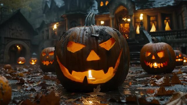 Spooky Halloween pumpkins glowing in dark night. Halloween decorations include carved pumpkins with scary faces and flickering candles. Perfect Halloween scene for greeting cards, invitations,