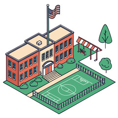 vector of an educational institution with schoolyard, playground, and flagpole in isometric layout, white background
