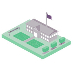 vector of an educational institution with schoolyard, playground, and flagpole in isometric layout, white background
