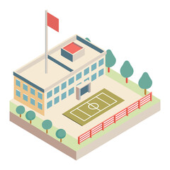 vector of an educational institution with schoolyard, playground, and flagpole in isometric layout, white background
