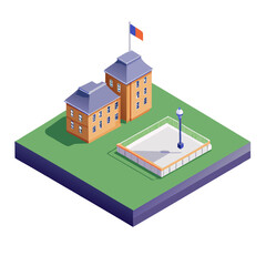 vector of an educational institution with schoolyard, playground, and flagpole in isometric layout, white background
