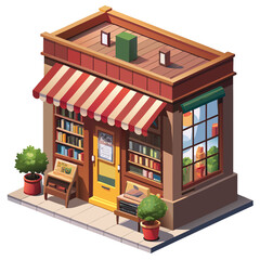 vector of a quaint isometric bookstore with open sign, shelves visible through windows, white background
