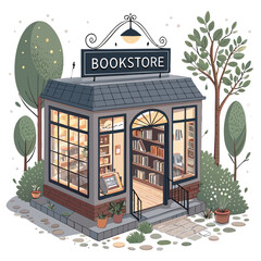 vector of a quaint isometric bookstore with open sign, shelves visible through windows, white background
