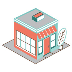 vector of a quaint isometric bookstore with open sign, shelves visible through windows, white background
