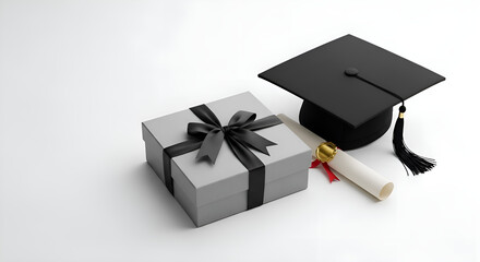 Minimalist photo of a grey graduation gift box with diploma and cap beside it, all on white backdrop