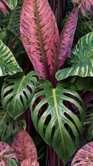 Obraz premium Verdant Foliage Tapestry: A vibrant and intricate tapestry of diverse tropical leaves, showcasing an array of captivating shapes, sizes, and vivid hues.