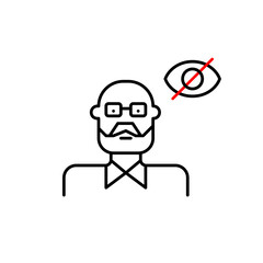 Vector icon of elderly man with crossed-out eye, symbolizing hidden identity, private status, or protected privacy. Ideal for healthcare apps, social platforms, privacy settings