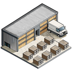 vector of an industrial warehouse with shutter doors, pallets, and trucks, viewed in isometric layout, isolated on white
