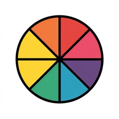 Eight-segment color wheel with warm and cool tones, radiating from a central point, each segment filled with a distinct hue, outlined in black