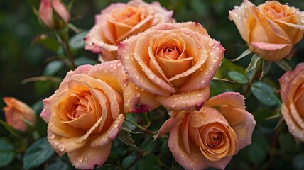 Peach Roses in Bloom: A close-up capture of delicate peach roses in full bloom. Droplets of water cling to the petals, creating a fresh and vibrant image of natural beauty.