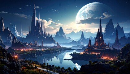 Fantasy city by a lake at night