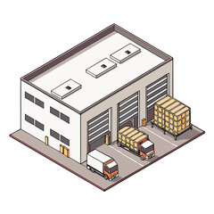 vector of an industrial warehouse with shutter doors, pallets, and trucks, viewed in isometric layout, isolated on white
