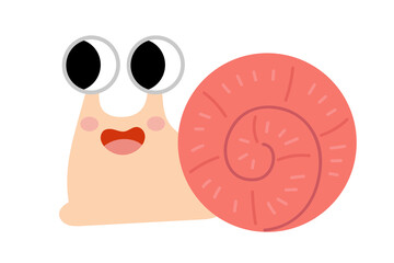 Happy pink snail character with a spiral shell in flat kawaii style. A cute nature animal character