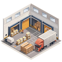 vector of an industrial warehouse with shutter doors, pallets, and trucks, viewed in isometric layout, isolated on white
