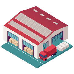 vector of an industrial warehouse with shutter doors, pallets, and trucks, viewed in isometric layout, isolated on white
