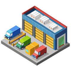 vector of an industrial warehouse with shutter doors, pallets, and trucks, viewed in isometric layout, isolated on white
