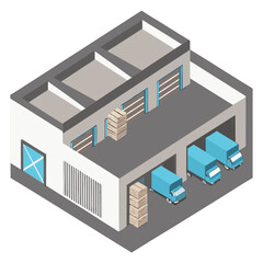vector of an industrial warehouse with shutter doors, pallets, and trucks, viewed in isometric layout, isolated on white
