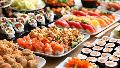 Wide array of sushi and other japanese dishes displayed on a buffet table.