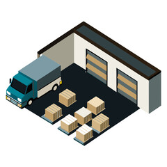 vector of an industrial warehouse with shutter doors, pallets, and trucks, viewed in isometric layout, isolated on white
