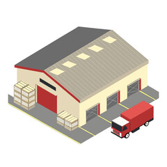 vector of an industrial warehouse with shutter doors, pallets, and trucks, viewed in isometric layout, isolated on white
