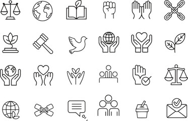 Ethics And Justice Line Icons Set. Law, Morality, Fairness, Balance. Editable Stroke. Vector Illustration