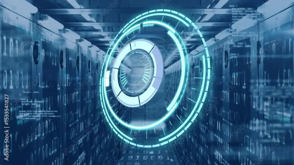 Poster on startup holographic circular interface spinning and pulsing along server racks scanning system