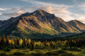 Majestic mountain peak at sunset, bathed in warm light, overlooking a valley of autumnal forest