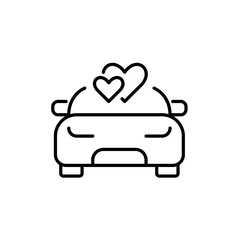 Car front view and hearts. Honeymoon, newlywed travel, romantic vacation. Pixel perfect vector icon