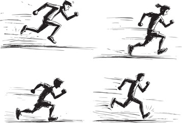 Running Stickman Pencil Sketch – Hand-Drawn Black and White Illustration