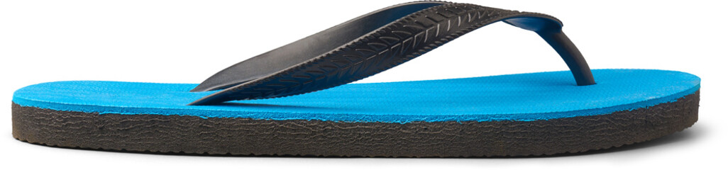 close-up of blue slippers or flip flops with black straps isolated white background, beach or...