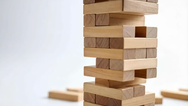 Precariously stacked rectangular wood blocks in a tower create a game of balance and precision with a clean white background.