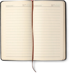 blank open notebook or journal with lined pages and bookmark ribbon isolated white background,...