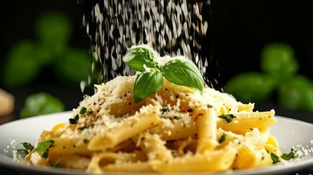 Close-up of pasta dish being sprinkled with grated cheese and garnished with fresh basil on a white plate.