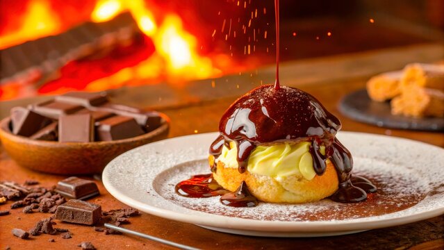 Delicious dessert topped with chocolate sauce served by a warm fire in a cozy setting