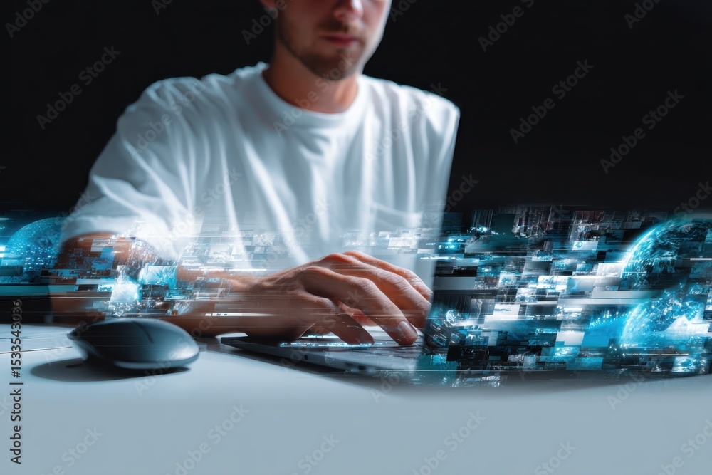 Poster Man Typing on Laptop With Digital Overlays, Representing Technology Integration and Digital Transformation in Business : Generative AI