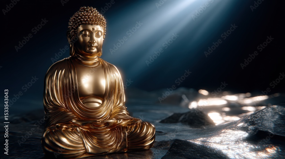 Poster golden buddha statue meditating under a beam of light, symbolizing inner peace and spiritual guidanc