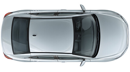 Top down view of a modern silver car showcasing the vehicle's roof windshield and interior details on a black background