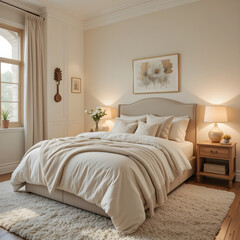 Warm Neutral Toned Bedroom with Soft Lighting A cozy bedroom with beige and cream tones, layered bedding, plush pillows, and a warm bedside lamp casting soft golden light.
