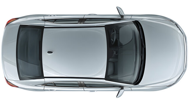 Top down view of a modern silver car showcasing the vehicle's roof windshield and interior details on a black background