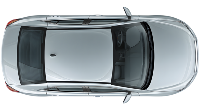 Top down view of a modern silver car showcasing the vehicle's roof windshield and interior details on a black background