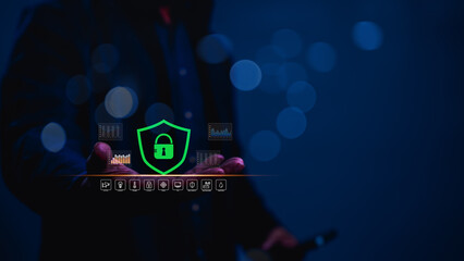 Secure Digital Environment Human Hand Manages Real-time Security Data And Smart Technology...