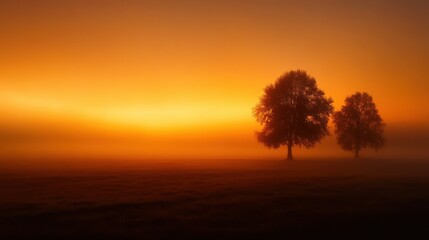 Fototapeta premium Foggy empty field at sunrise with a soft orange glow piercing through the mist, mysterious and peaceful.