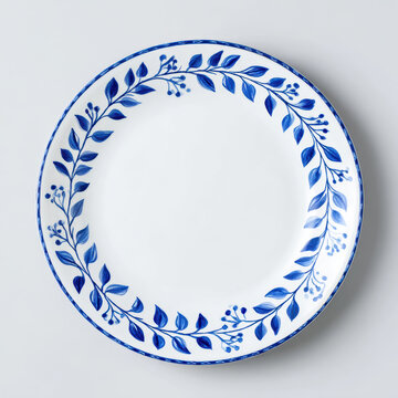 Handpainted decorative plate with blue leaf pattern on white background, elegant design