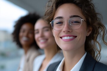 Smiling Businesswoman in Glasses With Diverse Colleagues, Illustrating Teamwork and Corporate Success for Recruitment and Leadership Initiatives : Generative AI