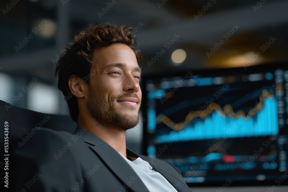 Poster smiling trader contemplates stock market growth on screen, representing financial success and invest