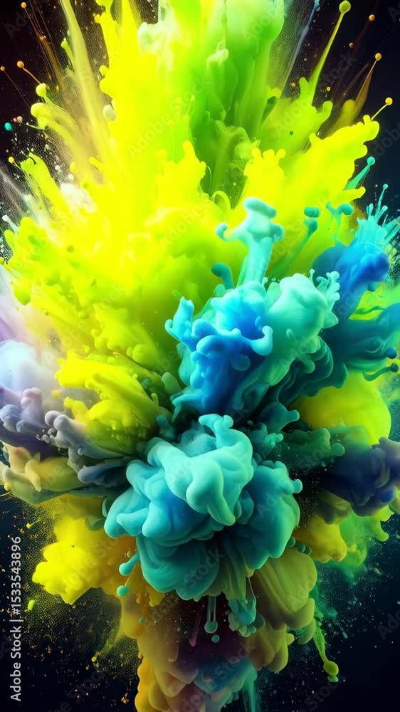 Poster vibrant explosion of multicolored liquids blending together in a dynamic splash against dark backdro