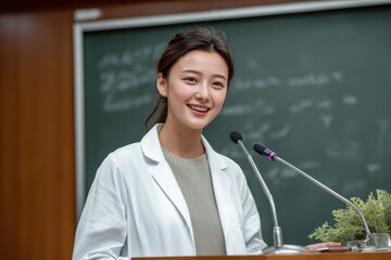 Smiling Asian Woman in Lab Coat Speaking at Podium, Representing Scientific Discovery and Academic Excellence in Education and Research : Generative AI