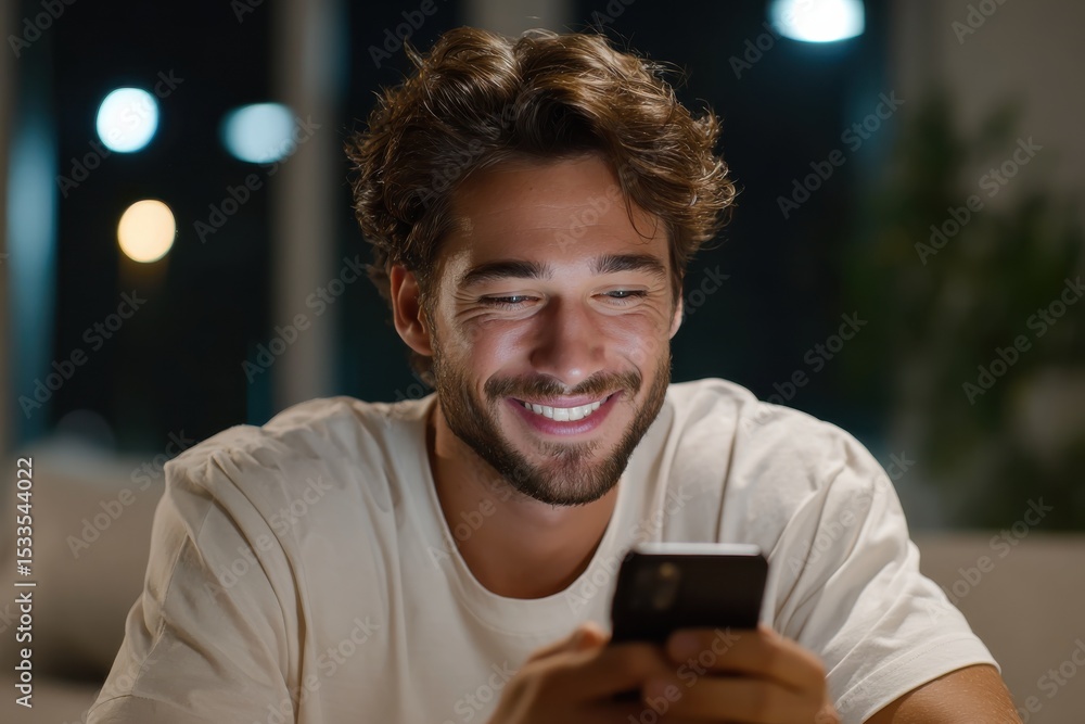 Poster smiling man using smartphone at night, depicting connection and modern communication for social medi